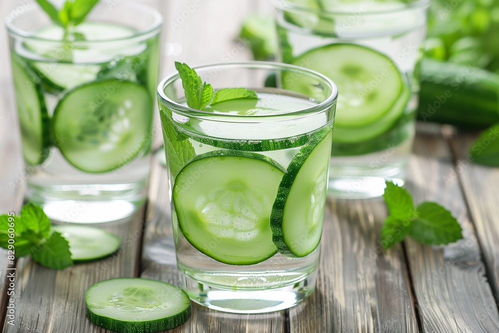 Cucumber infused detox water with mint in a glass with ice. Cucumber lemonade. Cucumber infused detox water with mint in a glass with ice. Cucumber lemonade.