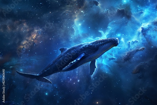 Imaginative depiction. whale navigating through cosmos, enchanting space-faring giant