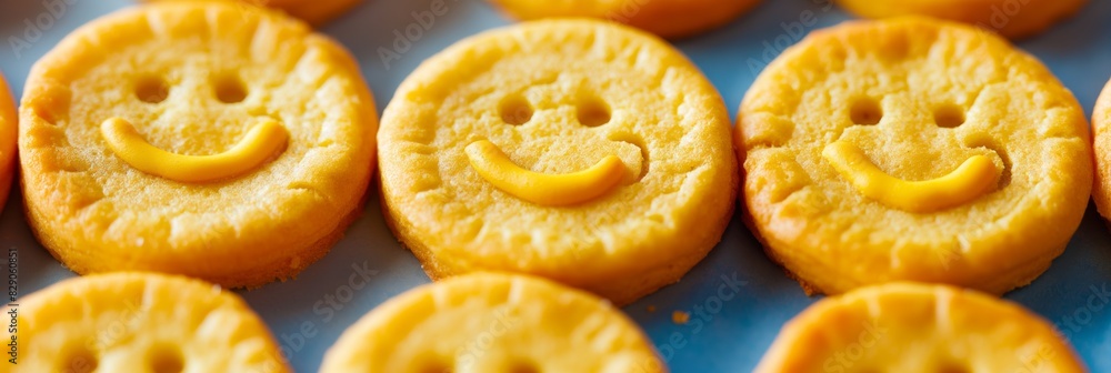 A series of bright yellow smiley face biscuits arranged on a blue background