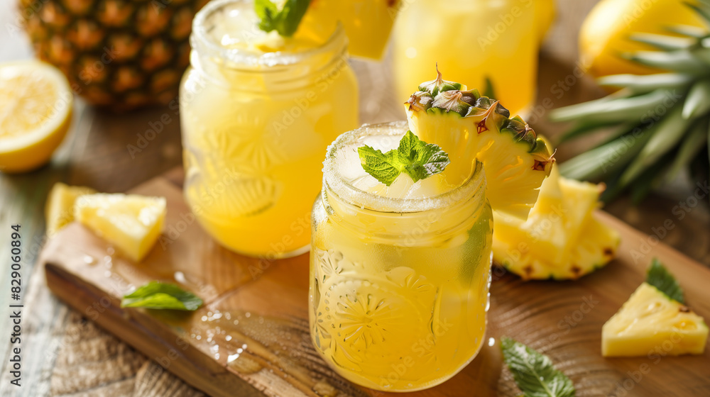 Pineapple cocktail, refreshing margarita in small glasses. Pineapple lemonade with ice. Pineapple cocktail, refreshing margarita in small glasses. Pineapple lemonade with ice.