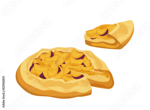 Baked round summer plum pie with piece portion vector illustration isolated on white background