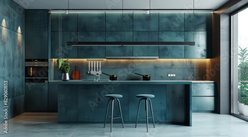 Modern blue kitchen featuring teal cabinets