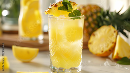 Pineapple cocktail, refreshing margarita in small glasses. Pineapple lemonade with ice.