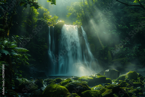 Lit up by sunlight, a hidden waterfall in a dense rain forest reveals mist and mossy rocks in the foreground