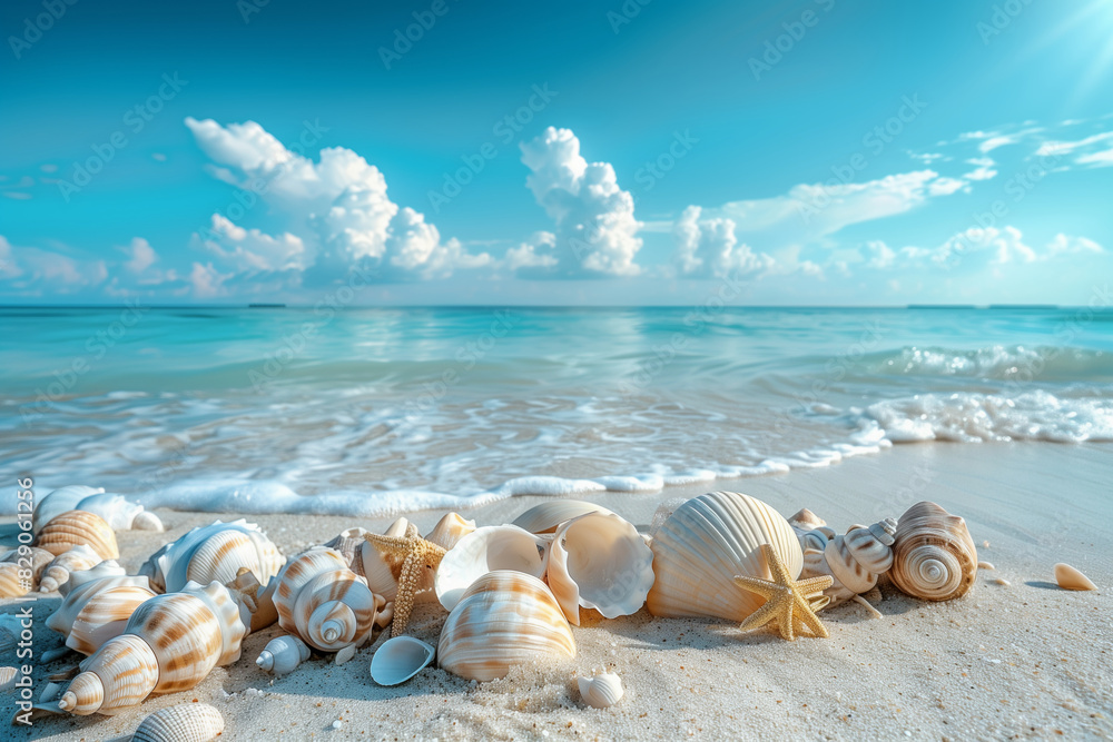 Sandy beach landscape adorned with shells Sandy beach landscape adorned with shells