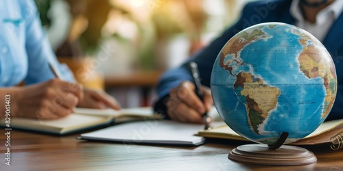 A close-up shot of a terrestrial globe with people studying in the blurred background, representing global education