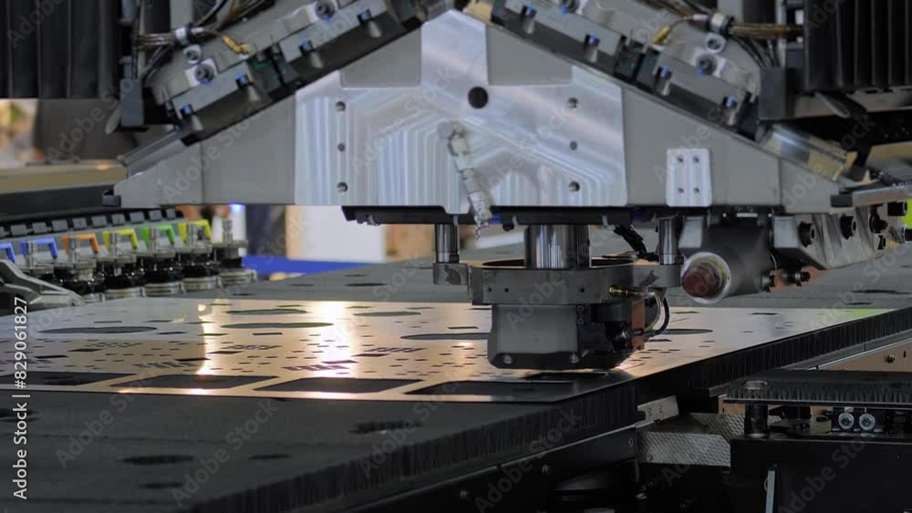 Automatic CNC punch press machine is operating on sheet metal at factory, plant: process of creating holes, shapes. Concept of metalworking, industrial, technology, machining and manufacturing Automatic CNC punch press machine is operating on sheet metal at factory, plant: process of creating holes, shapes. Concept of metalworking, industrial, technology, machining and manufacturing