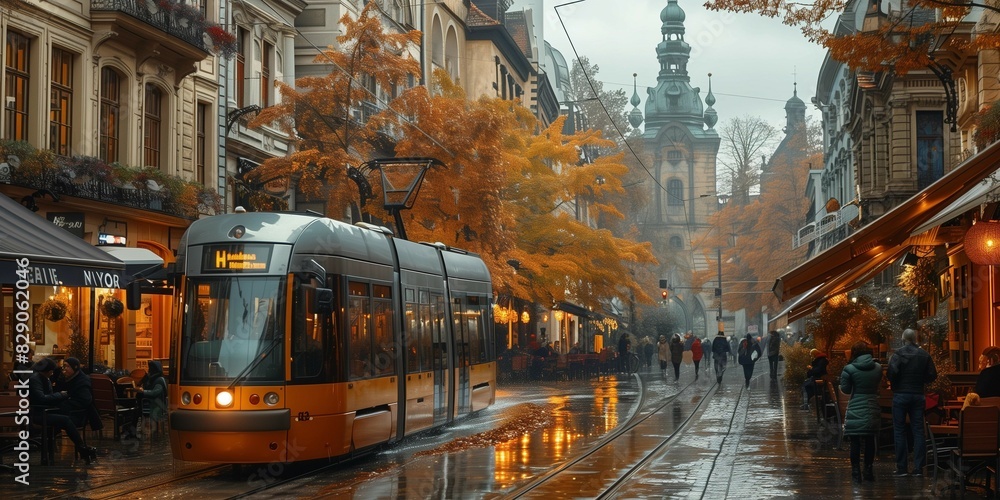 Fototapeta premium Classic Tram Passing Through European City, generative ai