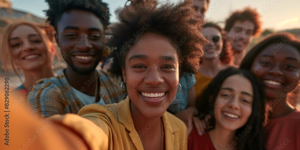 Joyful diverse group of friends taking a group selfie with a smartphone, smiling broadly