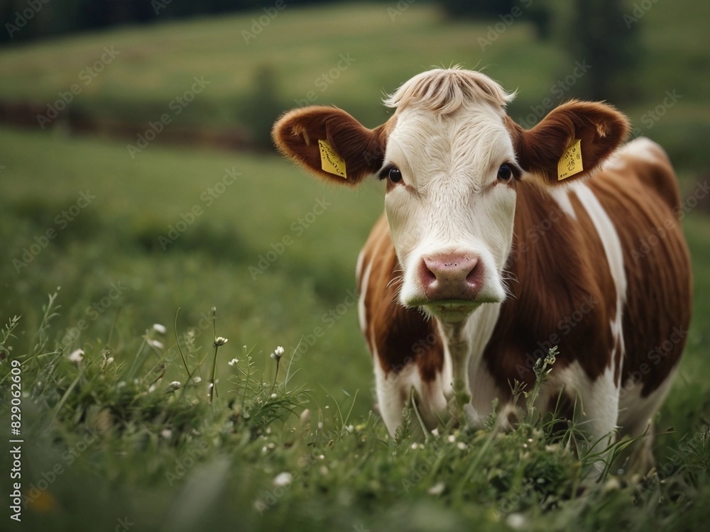 a brown and white cow standing in a field of grass looking at the camera,space for text