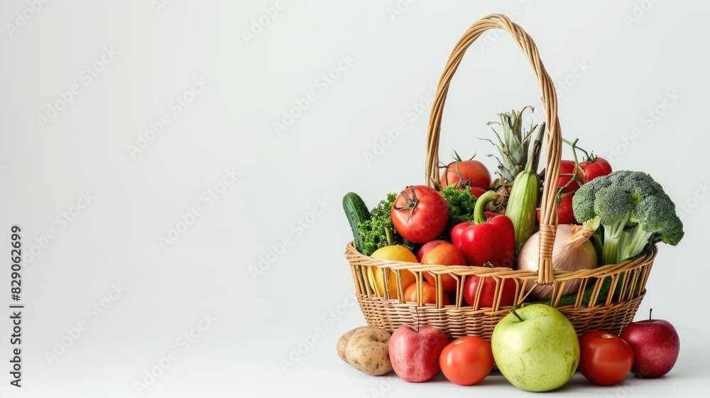 Vegetables and fruits arranged in a wicker basket on a white background with space for text Vegetables and fruits arranged in a wicker basket on a white background with space for text