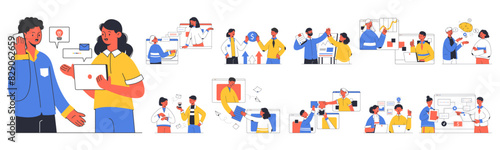 Business teamwork. Office working people communication, brainstorming and collaboration flat vector illustrations set. Business team workflow scenes