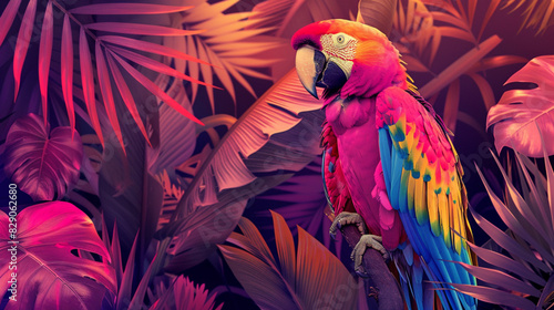 Beautiful parrot on a tropical and palm leaves background. Vibrant pink and golden gradient holographic colors.