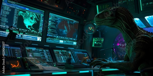 A alien operating in a high-tech control room filled with computer screens and advanced technology, blending elements of fantasy and science fiction in a modern digital environment, Generative AI photo