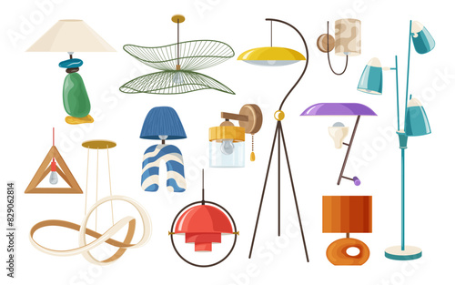 Different electric lamps with creative design cartoon style set isolated on white background