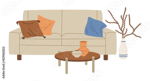 Cartoon sofa and tea table. Living room furniture, trendy cozy house interior elements flat vector illustration. Contemporary living room interior