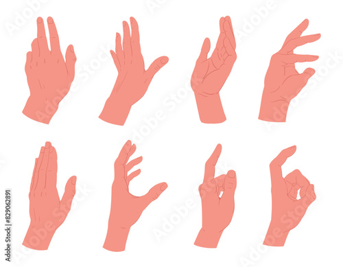 Hand gestures. Female palm with elegant gesture, human hands showing, presenting and pointing flat vector illustration set. Cartoon hand palms