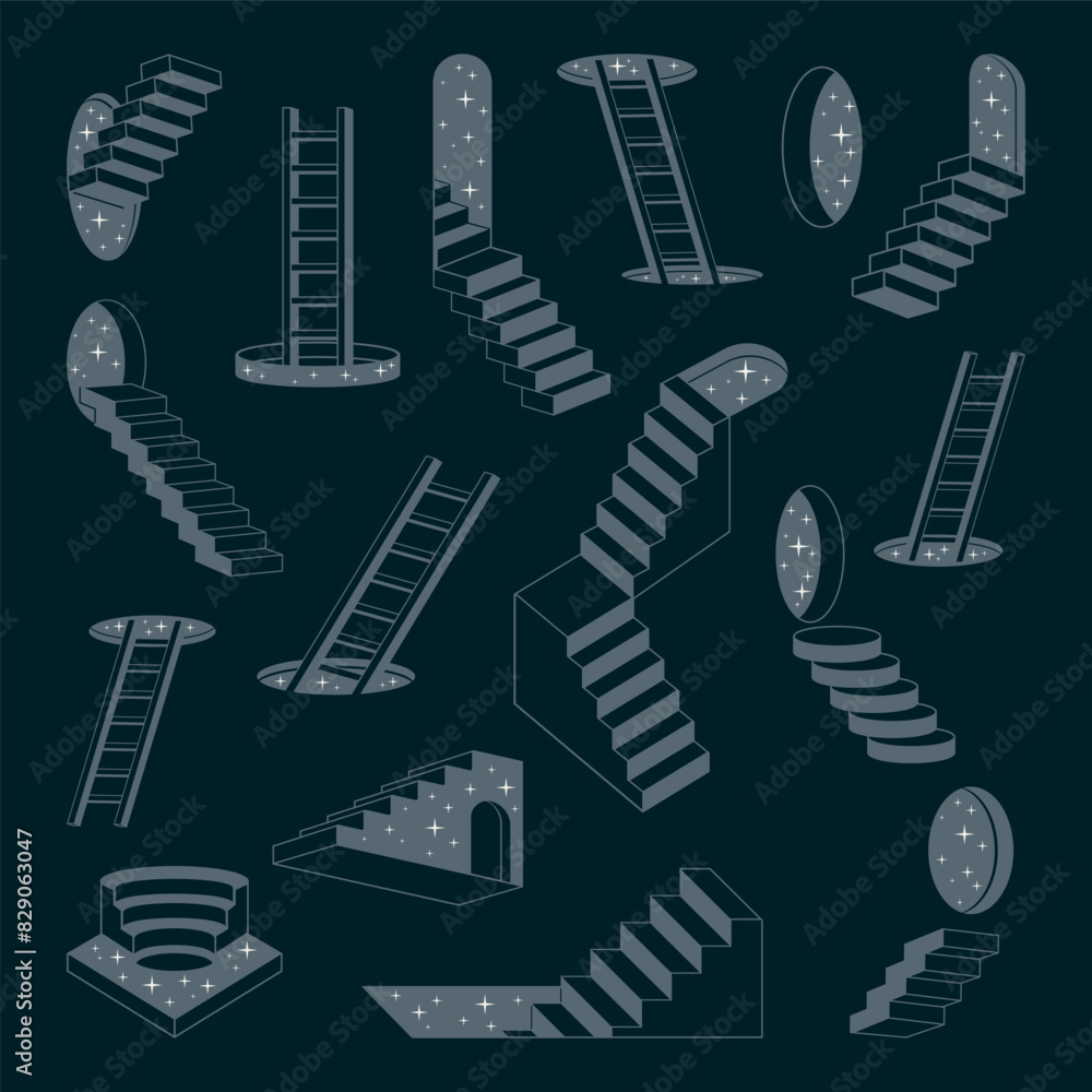 Monochrome surreal ladders. Abstract geometric stairs, minimal outline elements flat vector illustration set. Minimal design ladders collection