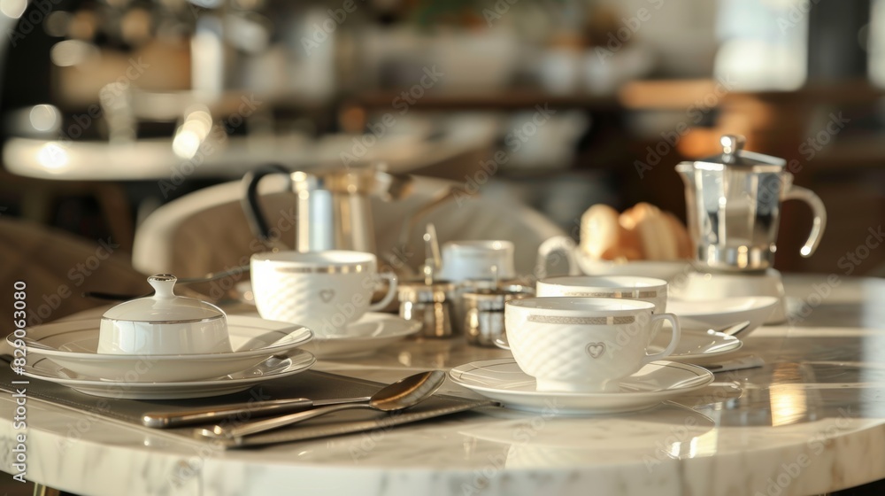 A table set with white cups and saucers. Generative AI A table set with white cups and saucers. Generative AI