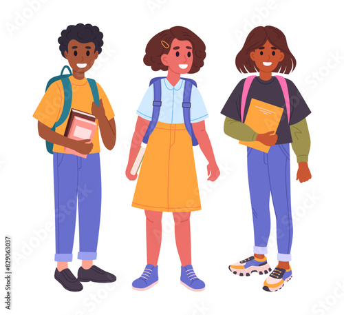 Middle school students. Junior high school students with backpacks and books, classmates going to school flat vector illustration set. School pupils on white