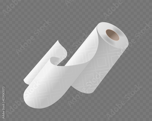 Single Roll Of White Paper Towels Unfurling Slightly, Isolated On A Transparent Background. Realistic 3d Vector Image photo