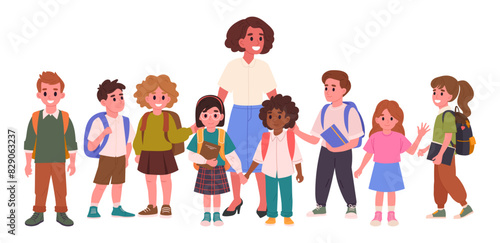 School teacher and students. Cheerful teacher and children group, elementary school students with schoolmaster flat vector illustration. Kids and schoolteacher