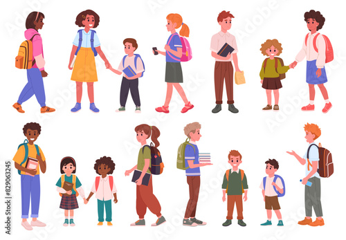 School students. Elementary, middle and high school pupils, cheerful classmates with backpacks and books, students of different grades and ages flat vector illustration set. Mixed ages students