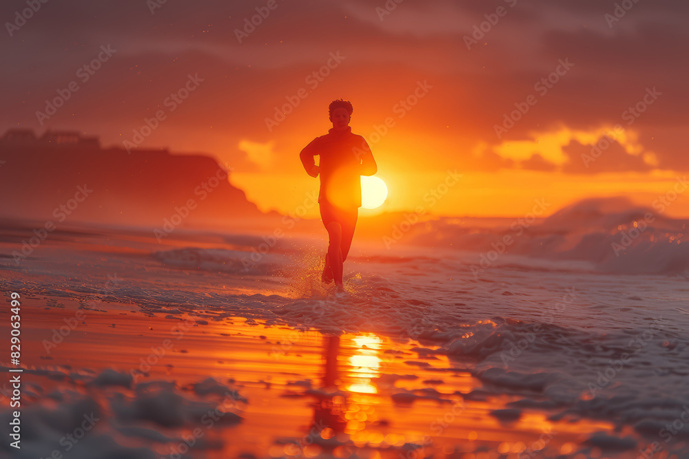 A person running on a beach at sunrise, showcasing endurance. Concept of morning exercise. Generative Ai.