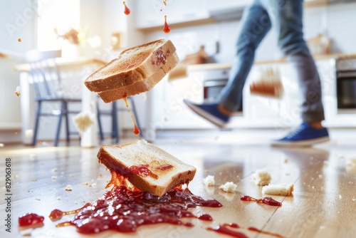 Slice of toast with jam falling onto a kitchen floor, creating a sticky mess, depicting a typical morning mishap and the everyday challenges of domestic life, Generative AI photo