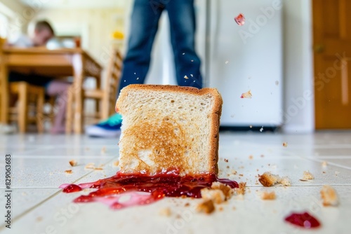 Slice of toast with jam falling onto a kitchen floor, creating a sticky mess, depicting a typical morning mishap and the everyday challenges of domestic life, Generative AI photo