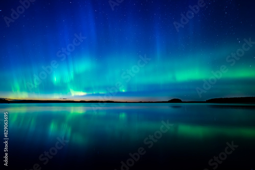 Northern lights dancing over calm lake in Farnebofjarden national park in north of Sweden. photo