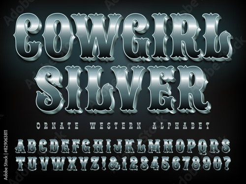 Cowgirl Silver; An ornate western alphabet with a polished silver 3d effect