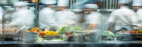 Long exposure of a bustling kitchen with chefs preparing food, showing motion blur of their activity