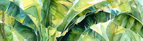 vibrant watercolor painting of banana leaves, detailed, soft lighting, 