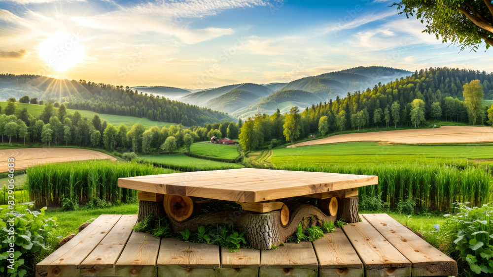 Obraz premium Empty Wooden Table Product Podium: Farm Wood Nature Field Table, Product Grass Garden Background Stand Green Food, Morning Farm Outdoor Sky, Beauty Sun Scene Platform View Beautiful Trunk, ad, podium