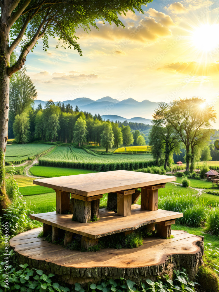 Empty Wooden Table Product Podium: Farm Wood Nature Field Table, Product Grass Garden Background Stand Green Food, Morning Farm Outdoor Sky, Beauty Sun Scene Platform View Beautiful Trunk, ad, podium Empty Wooden Table Product Podium: Farm Wood Nature Field Table, Product Grass Garden Background Stand Green Food, Morning Farm Outdoor Sky, Beauty Sun Scene Platform View Beautiful Trunk, ad, podium