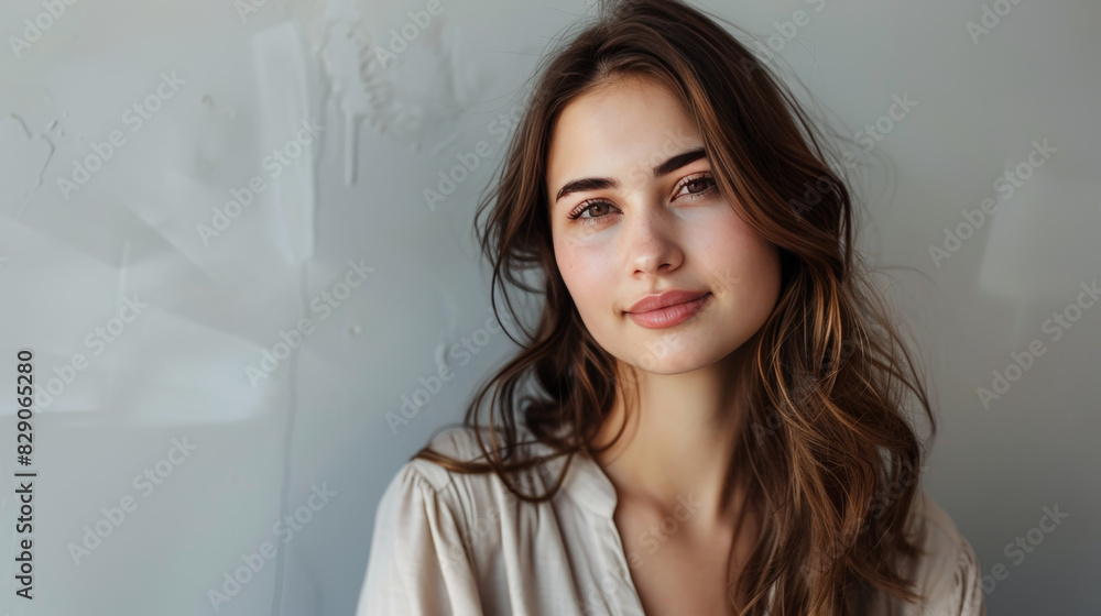 Digital influencer woman posing a portrait on social media, with soft and natural makeup Digital influencer woman posing a portrait on social media, with soft and natural makeup