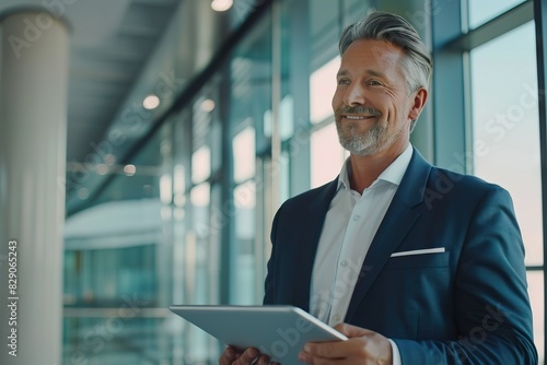 Middle aged CEO in suit using digital tablet in office.