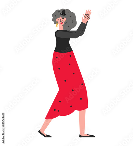 Third-aged woman have fun in dance class. Pensioner living active. Nice old female personage dancing flamenco with palm clap gesture. Elegant elderly character hand drawn flat vector illustration