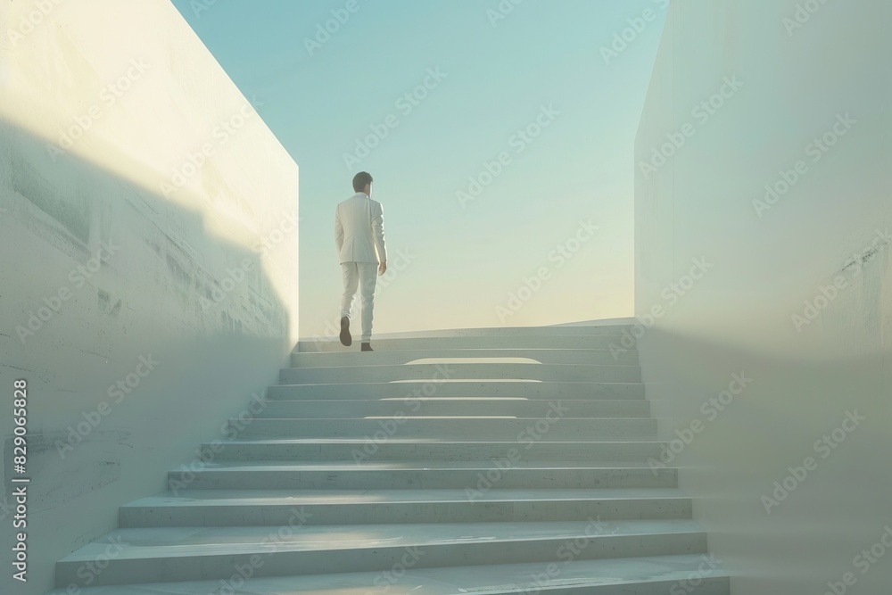 Ambitions concept with businessman climbing stairs Ambitions concept with businessman climbing stairs