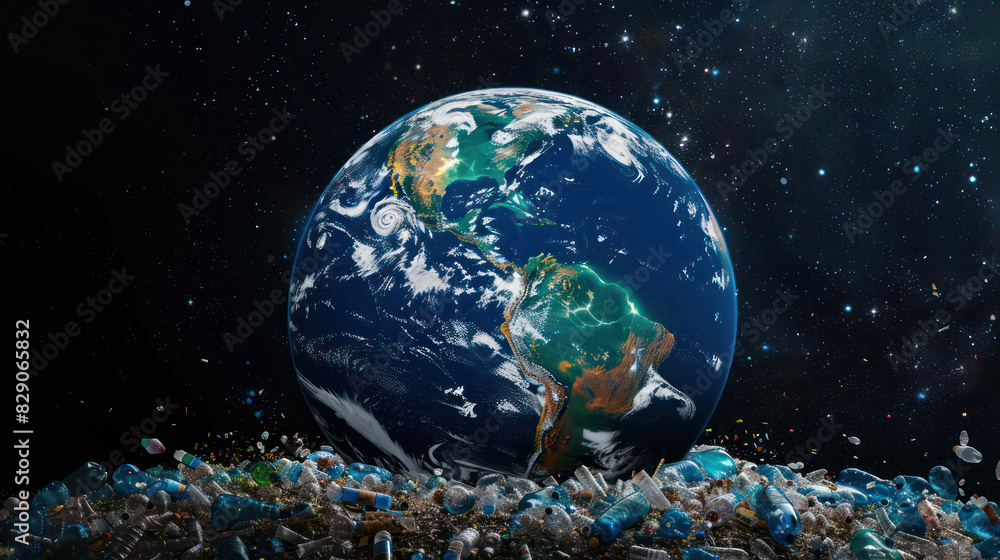 Powerful image showing planet Earth perched atop a pile of plastic waste emphasizing the contrast between the beautiful Earth and the surrounding pollution Powerful image showing planet Earth perched atop a pile of plastic waste emphasizing the contrast between the beautiful Earth and the surrounding pollution