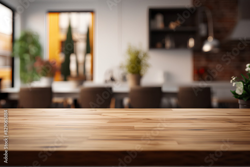 Wooden table top on blur kitchen room background Modern Contemporary kitchen room interior. 