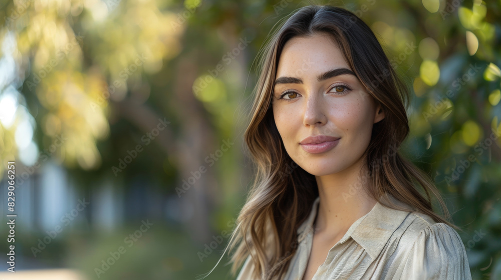 Digital influencer woman posing a portrait on social media, with soft and natural makeup Digital influencer woman posing a portrait on social media, with soft and natural makeup