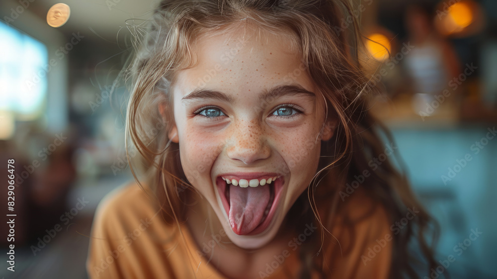 young teens in their 15s competing against each other in a playful way, showing their tongues in a funny, playful way, they are in the living room, generative ai young teens in their 15s competing against each other in a playful way, showing their tongues in a funny, playful way, they are in the living room, generative ai