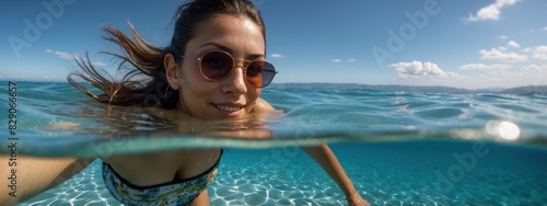 Woman with sunglasses enjoys a refreshing swim in the sea. she captures the essence of a summer vacation in crystal clear waters. Ideal for illustrating tourism topics.