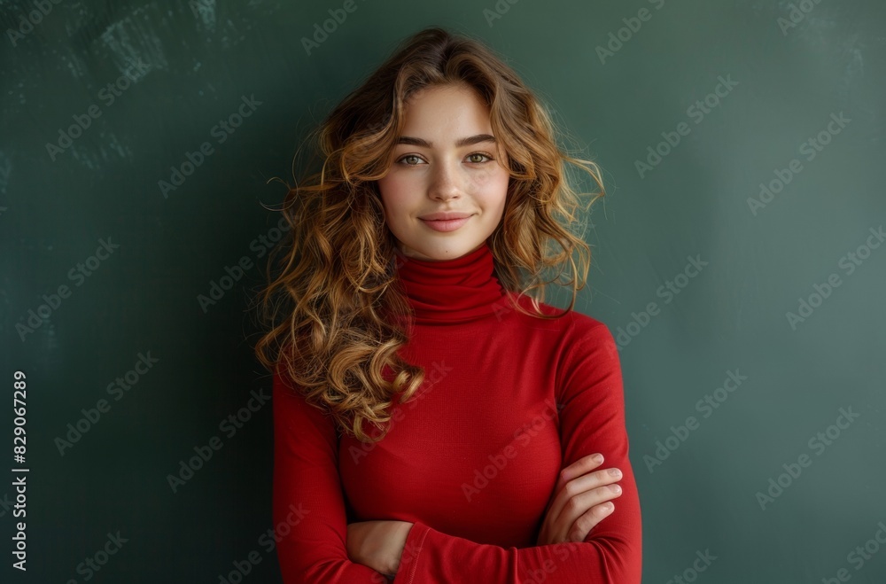 A portrait of an attractive woman in red turtleneck, smiling and posing with hands folded on chest, standing against green screen background, professional photography, high resolution A portrait of an attractive woman in red turtleneck, smiling and posing with hands folded on chest, standing against green screen background, professional photography, high resolution