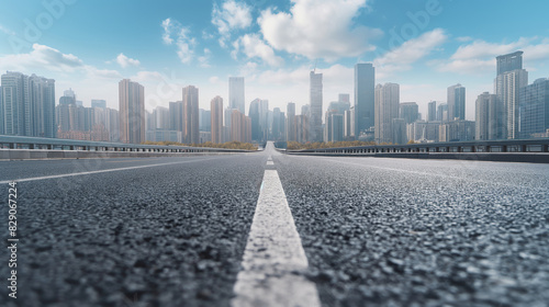 Low angle view of asphalt highway road and city skyline background