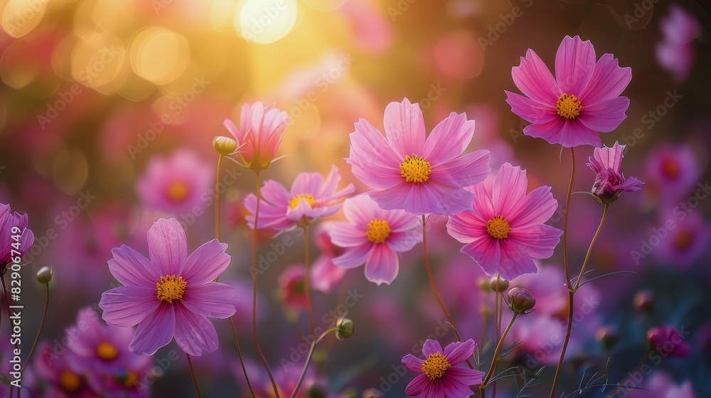 Field of Pink Flowers With Sun Background