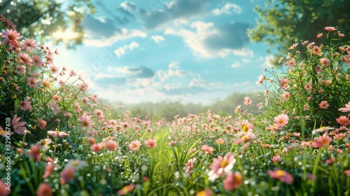 Field of Pink Flowers Under Blue Sky