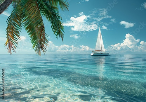 A sailboat in the clear blue sea  palm tree hanging over water with white yacht  high resolution photography  tropical background  sunny day  bright blue sky  photorealistic landscapes